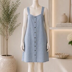 LJC designs Linen Dress Mini Womens Large Blue Button Front Coastal Euro Summer